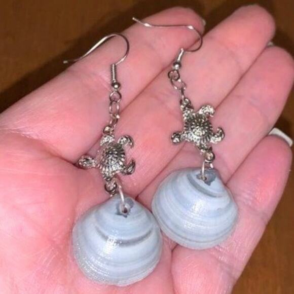 Dangle Earrings Genuine Handcrafted Seashell Turtle Blue Gray Coastal Beach - Picture 4 of 15